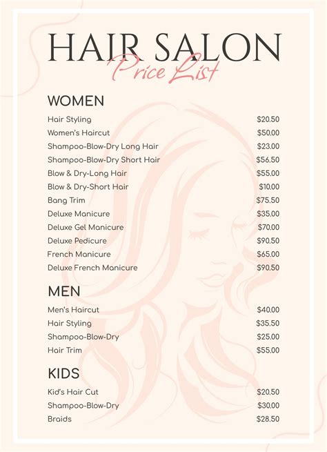 Hair Salon at Tempe Market Place Price Menu